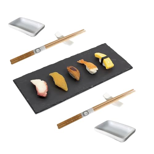 Paluplus Set Sushi Per 2 Persone Con Vassoio In Ardesia, Misura 30X10 Cm, Servizio Orientale Da 7 Pezzi: 2 Bacchette Cinesi, 2 Porta Bacchette, 2 Ciot