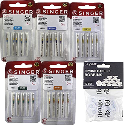 Singer Confezione Da 5 Confezioni Di Aghi Per Macchine Da Cucire Universali A Maglia, Elastiche Ed Elastiche 130/705 H-S 2045 Spessore 70, 80, 90, 100