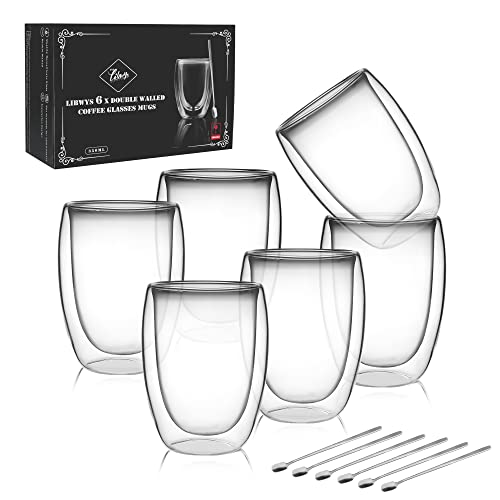 Libwys Set Di 6 Bicchieri Da Caffè A Doppia Parete, Cappuccino Latte, Macchiato, Tè, Latte, Latte, Calici Resistenti Al Calore, 350 Ml (Senza Maniche)
