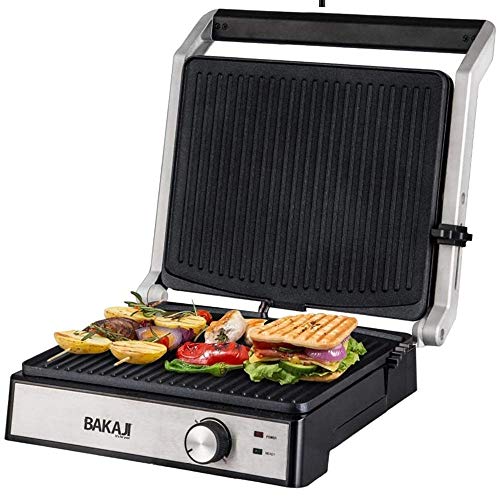Bakaji Piastra Elettrica Bistecchiera Potenza 2000W Piastre In Alluminio Antiaderente Tostapane Grill Apertura 180 Gradi Termostato Regolabile E Siste