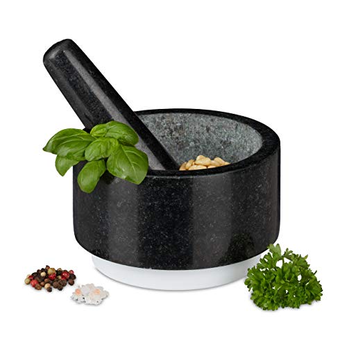 Relaxdays Mortaio & Pestello In Granito, Robusto & Resistente, Erbe Aromatiche, In Pietra, V 400Ml, Ø 14, Grigio, Silicone, Nero, Bianco