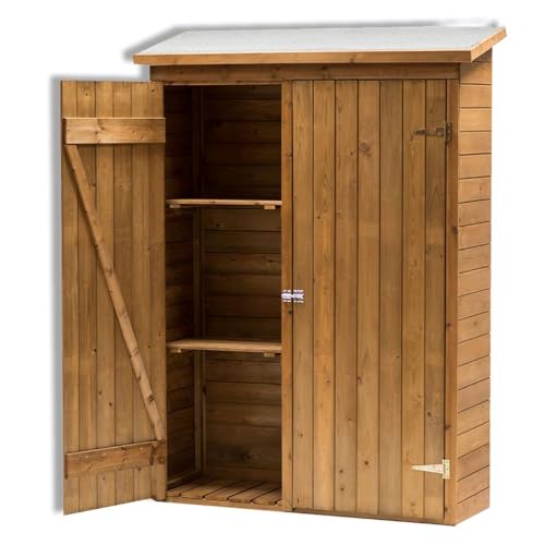 Armadio In Legno Da Giardino Per Attrezzi, Con Tetto Coibentato Sporgente, 131X48Xh170/180 Cm, A Doppia Anta Con 2 Ripiani, In Abete Rosso Impregnato