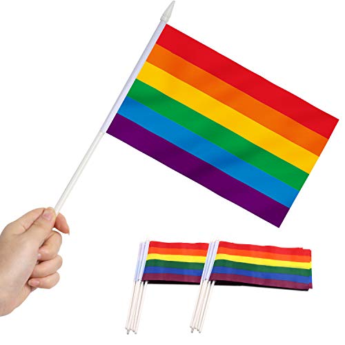 Anley Bandiera Arcobaleno Gay Pride Stick, 5 X 8 Pollici (12 X 20 Cm) Mini Bandiera Portatile Con Asta Solida Bianca Da 12 "(30 Cm) - Colore Vivido E