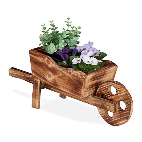 Relaxdays Carriola Porta Fiori, Legno Effetto Bruciato, Decorazione Da Giardino Vintage, Vaso Giardinaggio, Naturale
