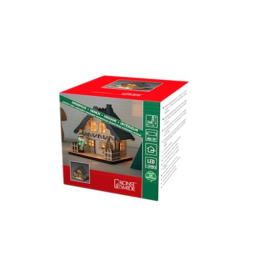 Konstsmide 3232-100 - Casetta In Legno Con Tetto Grigio, Per Uso Interno (Ip20), 2 Diodi Bianchi Caldi, Funzionamento A Batteria: 3 X Aa 1,5 V (Escl.)
