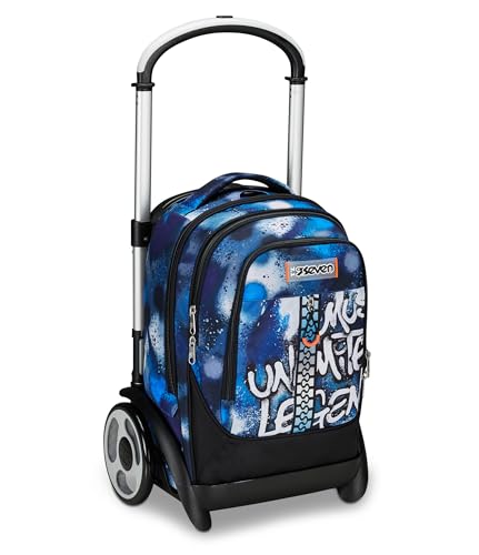 Seven Trolley Scuola Tyre Maxi Ruote, Blu, Retrocolor, 3 In 1, Triplo Uso, Zaino Con Carrello Sganciabile E Crossover System, Zaino Scuola Viaggio, Ba