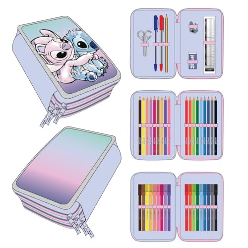 Cerdá Life'S Little Moments Custodia Stitch A 3 Scomparti - Colore Lilla - 12,5 X 6,5 X 19,5 Cm - Chiusura A Cerniera - Include Accessori - Prodotto O