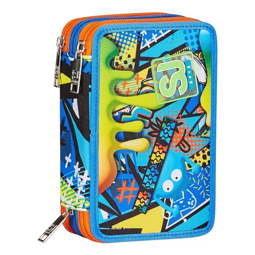 Sj Gang Astuccio Scuola 3 Zip, Blu, Sphere Full Boy, Portapenne Triplo Scomparto Completo Di Penne, Matite, Colori, Accessori Zaino, Elementari, Medie