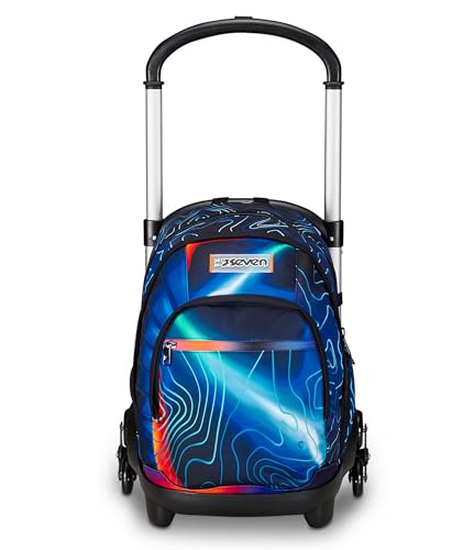 Seven Trolley Scuola Flex 3 Ruote, Blu, Mapset Boy, 3 In 1, Triplo Uso, Zaino Con Carrello Sganciabile, Tasca Porta Borraccia E Crossover System, Zain