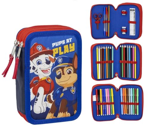 Astuccio Scolastico Per Bambini Di Paw Patrol - Colore Blu - Chiusura A Cerniera - 12,5 X 6,5 X 19,5 Cm - Triplo Scomparto - Include Accessori - Prodo