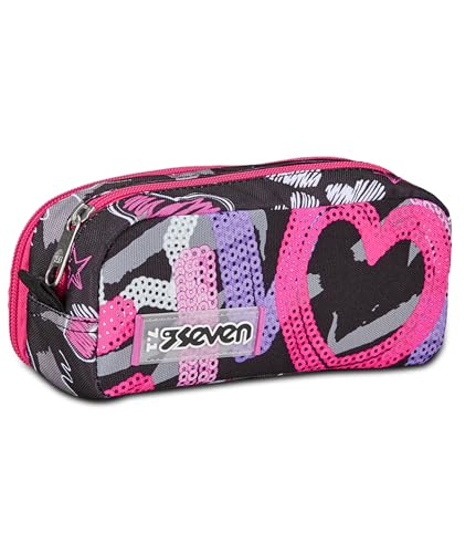 Seven Portapenne Scuola 2 Zip, Nero Fucsia, Draft Heart, Bustina Doppio Scomparto Con Organizer, Tasche Ed Elastici Porta Penne, Accessori Zaino, Medi