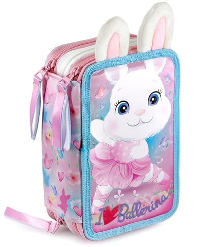Julian Ross Bunny Ballerina Astuccio Triplo Riempito 3D Bambina, 45 Accessori Scuola Elementare, 3 Zip, Scomparti Organizzati, Pastelli, Pennarelli, C