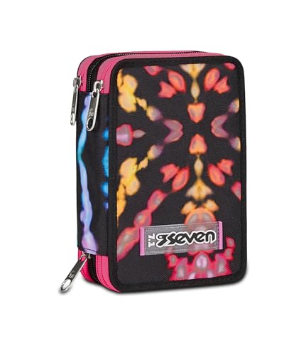 Seven Astuccio Scuola 3 Zip, Nero Fucsia, Multi-Shade Girl, Portapenne Triplo Scomparto Completo Di Penne, Matite, Colori, Accessori Zaino, Elementari