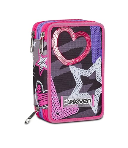 Seven Astuccio Scuola 3 Zip, Nero Viola Fucsia, Draft Heart, Portapenne Triplo Scomparto Completo Di Penne, Matite, Colori, Accessori Zaino, Elementar