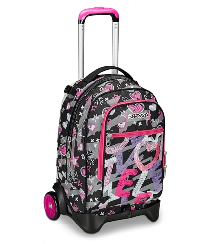 Seven Trolley Scuola Jack 2 Ruote, Nero Fucsia, Draft Heart, 3 In 1, Triplo Uso, Zaino Con Carrello Sganciabile, Tasca Porta Borraccia E Crossover Sys
