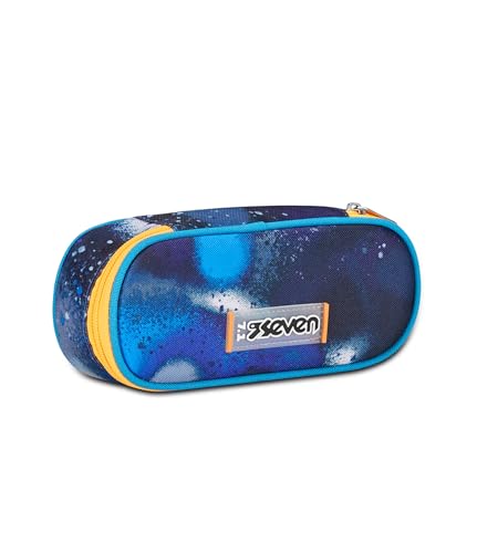 Seven Portapenne Scuola Round Plus, Blu Arancione, Retrocolor, Bustina Ovale Con Tasca Interna Ed Elastici Porta Penne, Accessori Zaino, Elementari, M