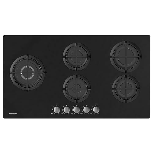 Premiertech Piano Cottura A Gas, 5 Fuochi, 90 Cm (87.8Cm), Vetro Nero, Wok Supporti In Ghisa Professionali, Predisposto Metano E Kit Ugelli Gpl Inclus
