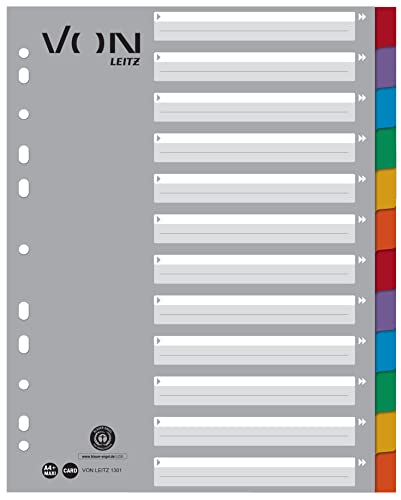 Von Leitz 13010000 - Divisori Bianchi Per Raccoglitori, Extra Larghi, 100% Cartone Riciclato, Registro Universale A 11 Fori, Multicolore