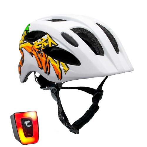 Crazy Safety Casco Da Bici Per Bambini 6-12 Anni Graffiti | Casco Per Bicicletta, Skateboard, Mtb, Pattini A Rotelle Con Fanale Ricaricabile | Casco P