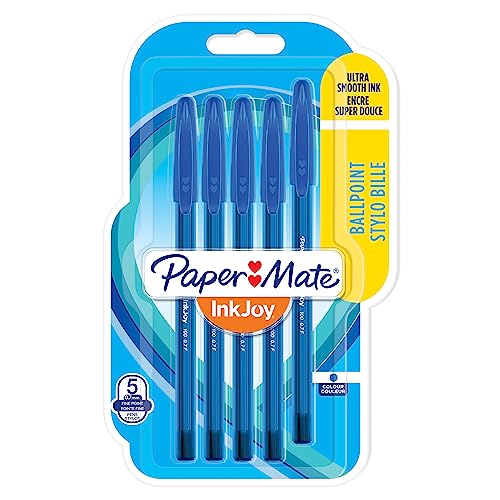 Papermate Inkjoy 100St Penne A Sfera Con Cappuccio, Punta Fine Da 0.7 Mm, Confezione Da 5, Blu
