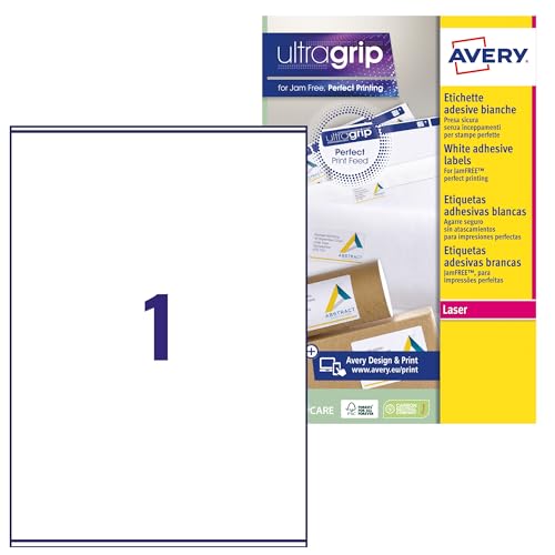 Avery Italia L7167-100 Etichette Adesive In Carta Bianca, 100 Fogli A4, Rettangolari 199,6X289,1Mm, 1 Etichette Per Foglio, Adesivo Permanente, Stampa