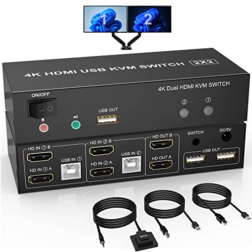 Dual Monitor Switch Kvm Hdmi 2 Porte, 4K @ 60Hz Switch Kvm Con Display Esteso Hdmi 2 In 2 Out Con Uscita Audio Microfono E 3 Porte Usb, Pc Monitor Tas