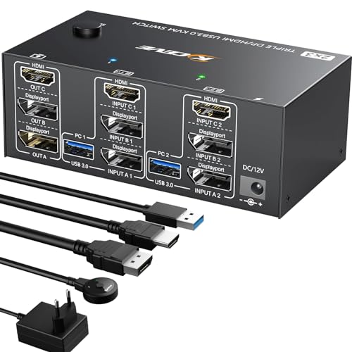 Triple Monitor Kvm Switch 2 Displayport + Hdmi, 8K@60Hz Kvm Switch 4K@144Hz, Usb 3.0 Kvm Switch 2 Pc 3 Monitor, Kvm Switch Displayport 1.4 + Hdmi 2.1