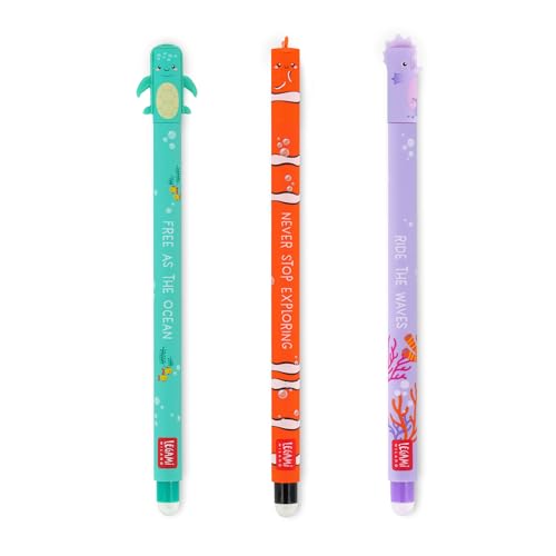 Legami - Set Di 3 Penne Gel Cancellabili, Under The Sea, Penne Con Inchiostro Cancellabile Termosensibile, Turchese, Nero, Viola, Erasable Pen Marine,