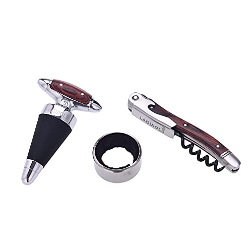 Laguiole - Set Di 3 Accessori Per Il Vino : Tappo Stopper, Coltello Sommelier 3 Funzioni - Collare Salvagoccia - Confezione Regalo - Acciaio Inossidab