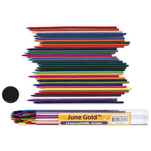 June Gold 36 Coloured Lead Refills, 2.0 Mm Extra Bold, 90 Mm Tall, Pre-Sharpened, Break & Smudge Resistant