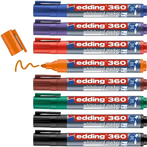 Edding 360 Marcatore Per Lavagne Bianche Punta Tonda; Astuccio 8 Pz.; Colori Nero, Rosso, Blu, Verde, Giallo, Arancione, Marrone, Viola; Tratto 1,5-3M
