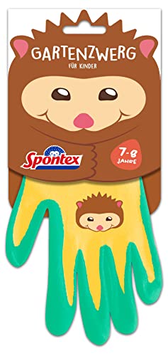 Spontex - Guanti Da Giardinaggio, Per Bambini, Ideali Per Giocare E Lavorare In Giardino, Con Rivestimento In Nitrile, Motivo Riccio, 1 Paio, 7-8 Anni