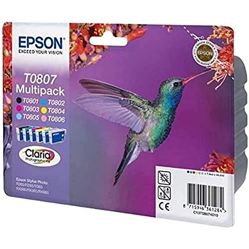Epson T0807 Cartucce Serie Colibrì Claria Photographic Per Stampante Getto D'Inchiostro, Multipack 6 Colori (Nero, Ciano, Ciano Chiaro, Magenta, Magen