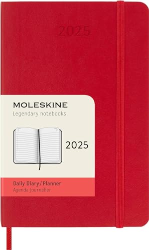 Moleskine Daily Planner, Agenda Giornaliera 12 Mesi 2025, Copertina Morbida E Chiusura Elastica, Colore Rosso Scarlatto, Formato Pocket 9X14 Cm