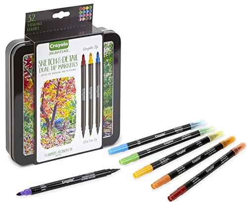 Crayola - Signature, Set 16 Pennarelli Per Adulti, Per Disegnare Colorare E Dipingere, Doppia Punta (Supertips E Punta Fine), In Scatola Deluxe Di Lat