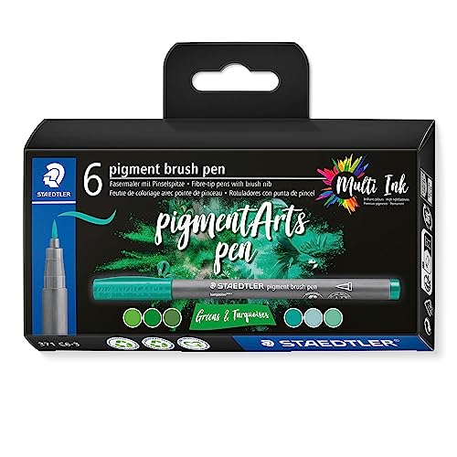 Staedtler 371 C6-3 Pigment Arts - Pennarelli A Pennello, Colori Assortiti Verde E Turchese (Confezione Da 6)