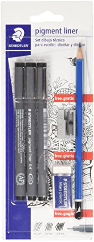 Staedtler 308 Sbk3P2. Set De Dibujo Técnico: 3 Rotuladores Pigment Liner, Lápiz, Goma De Borrar Y Afilalápices.