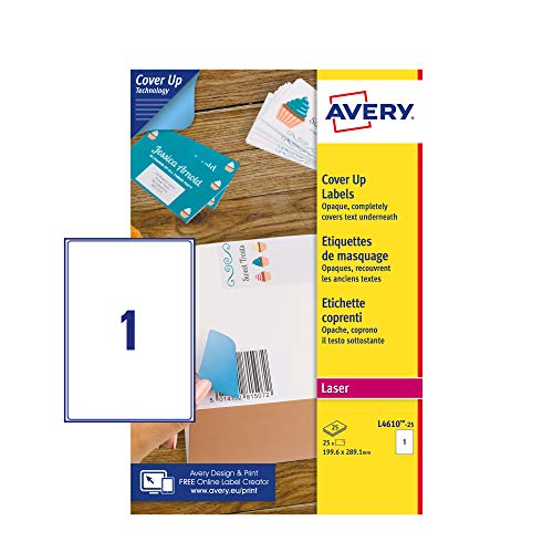 Avery Italia L4610-25 Etichette Adesive In Carta Bianca Coprente, 25 Fogli A4, Rettangolari 199,6X289,1Mm, 1 Etichetta Per Foglio, Adesivo Permanente,
