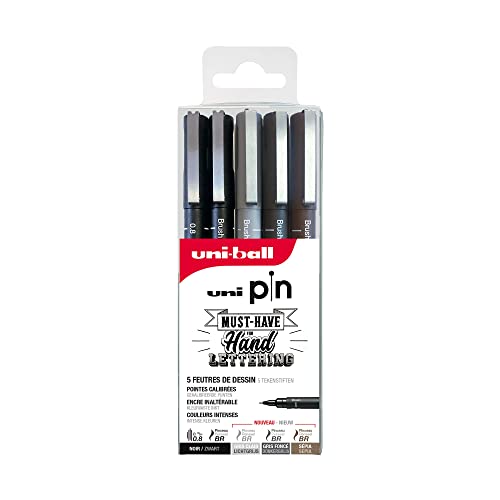 Uni-Ball Uni Pin Uni Mitsubishi Pencil – 5 Pennarelli Per Scrittura E Disegno Speciale A Mano Lettering, Pochette A 4 Punte (Nero, Grigio Chiaro, Grig