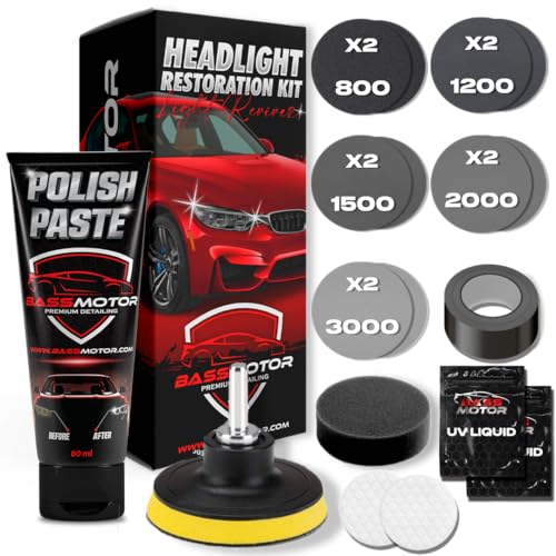 Bassmotor Kit Completo Per Lucidare Fari Opachi E Consumati Per Restauro Auto - Set Per Pulire E Levigare Per Revisione Tecnica E Migliorare Visibilit