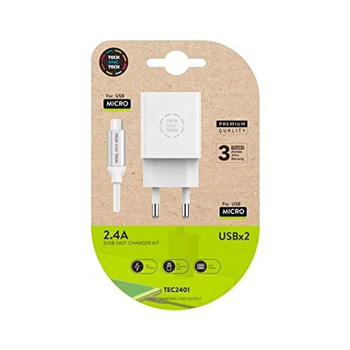 Caricatore Tech One Tech 2.4 Doppio Usb + Cavo Braided Nylon Micro Usb Android Lunghezza 1 M Colore Bianco