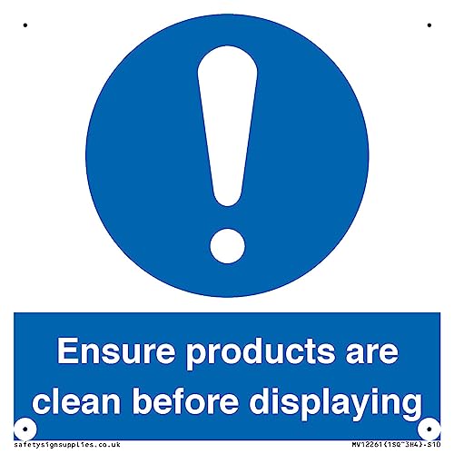 Cartello Con Scritta "Ensure Products Are Clean Before Displaying" (Lingua Italiana Non Garantita), 100 X 100 Mm, S10