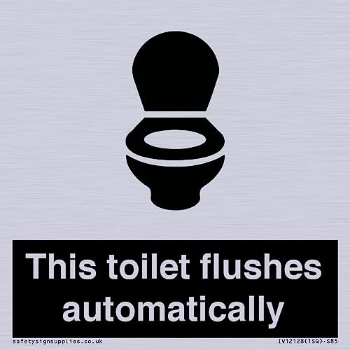 Cartello "S85, Con Scritta In Lingua Inglese "This Toilet Flushes Automatically Sign", 85 X 85 Mm