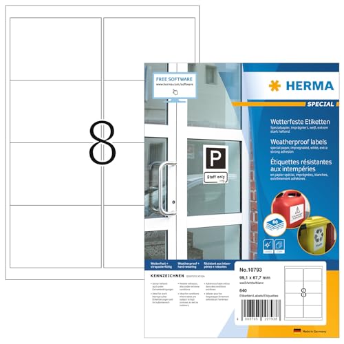 Herma 10793 - Etichette Resistenti Alle Intemperie, 80 Fogli, 99,1 X 67,7 Mm, 8 Fogli A4, 640 Pezzi, Autoadesive, Stampabili, Opache, Per Esterni, In
