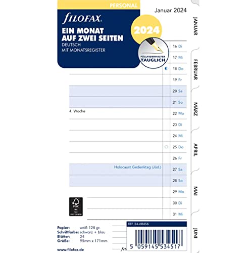 Filofax 24-68456 - Inserto Per Calendario 2024, 1 Mese/2 Pagine, Colore: Bianco