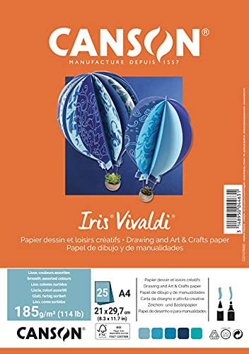 Canson - Confezione Da 25 Fogli Iris Vivaldia4, 185 G/M², Colori Assortiti Blu