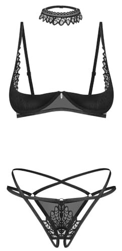 Donarella - Set Lingerie Con Reggiseno Sollevato, Perizoma E Collarino, Nero, Xs-S