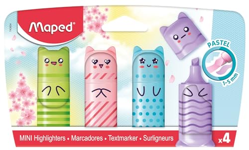 Maped - 4 Mini Evidenziatori Pastel- Piccoli Evidenziatori Tascabili Originali A Forma Di Personaggi - 4 Colori: Verde, Blu, Rosa E Viola