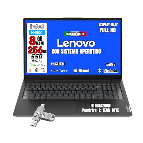 Notebook Portatile Lenovo Con Pendrive Da 2 Terabyte • Cpu Intel N4500 @ 2,8Ghz • Monitor 15.6" Full Hd • Ssd 256 Gb • Ram 8Gb • Ingresso Lan, Hdmi, U