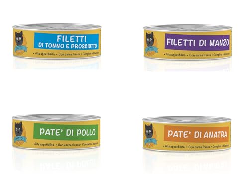 Petgnam 12 Lattine Miste Cibo Umido Per Gatti Filetti Pate 70 E 85G Con Prosciutto Crudo Di Parma Tonno Anatra Manzo Pollo Carne Fresca Destinata Al C